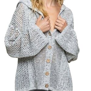 POL Heather Gray Button Up Cardigan Sweater Hoodie V-Neck Size Small Oversized